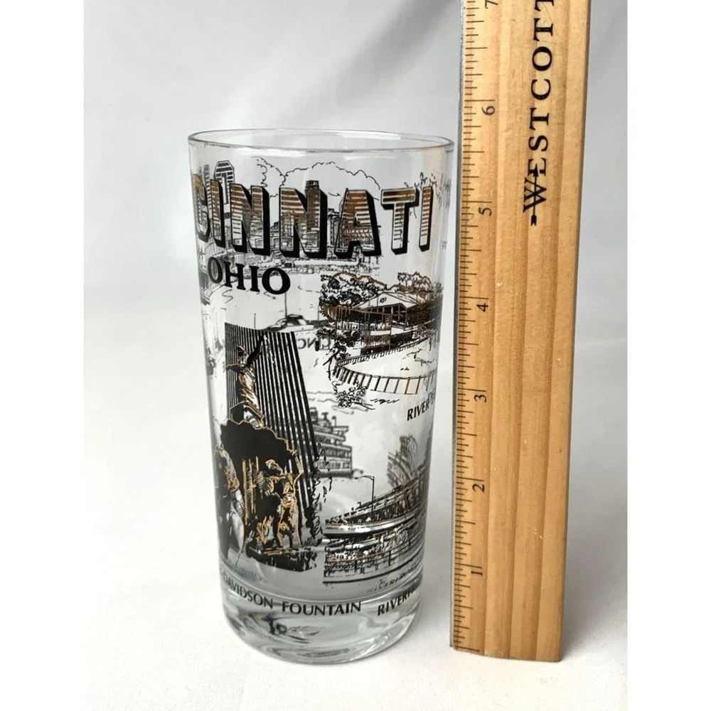Cincinnati‎ Ohio Highball Tumbler Glass Vintage Landmarks MCM Black Gold Barware